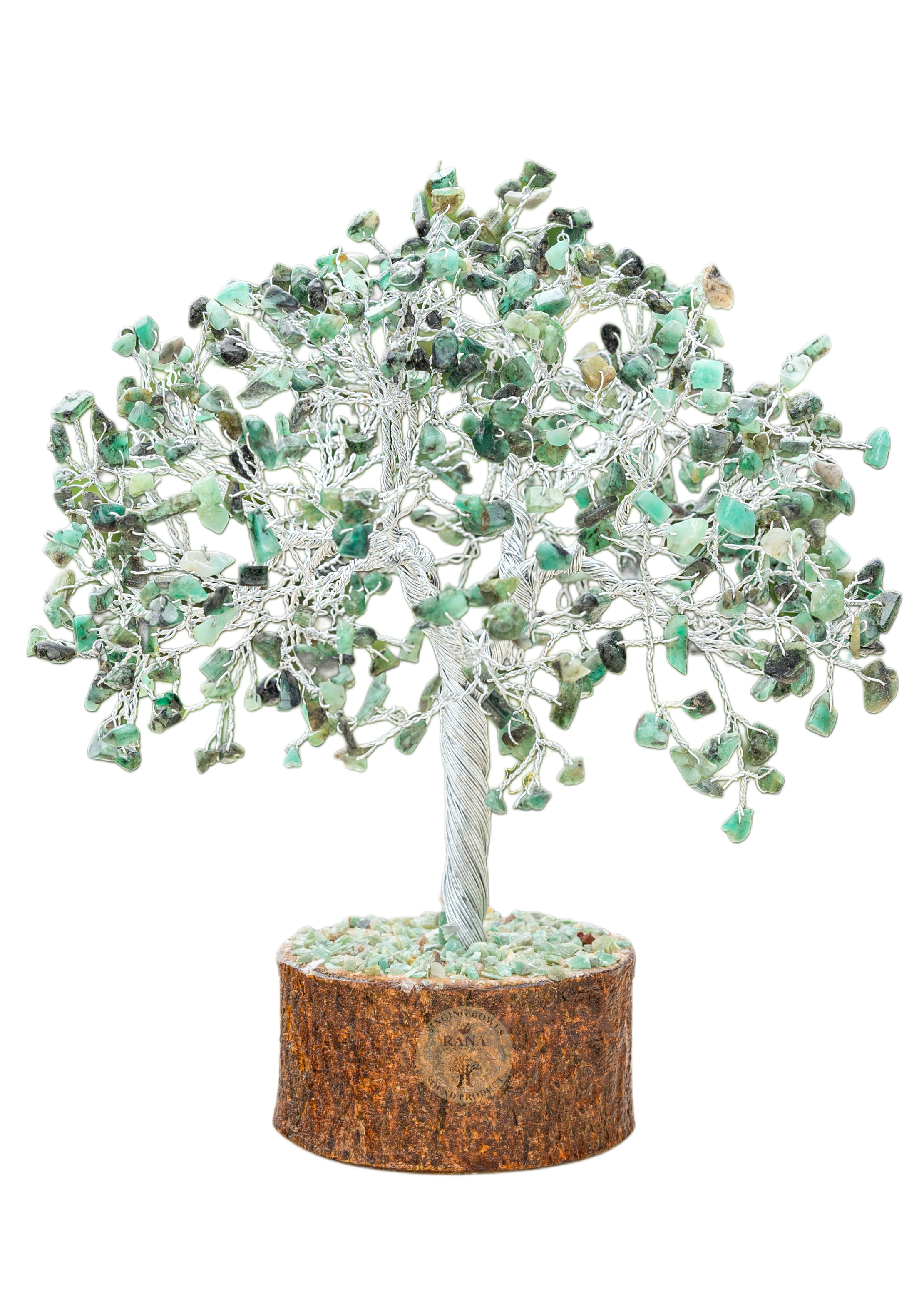 Green Aventurine Gemstone Tree with Silver Wire on Wooden-Style Base