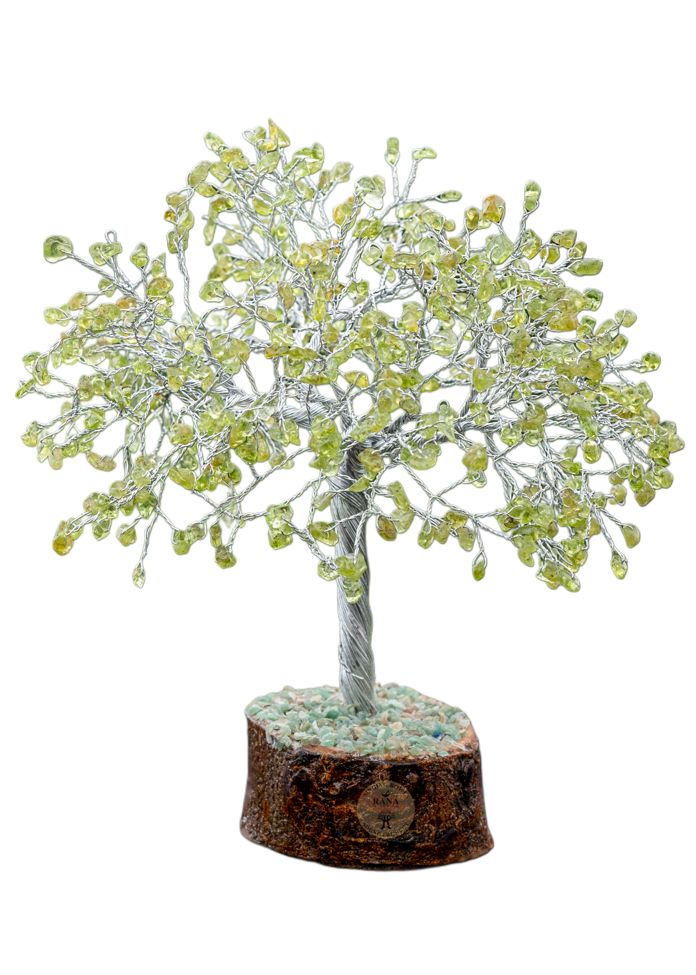 Peridot Gemstone Tree with Silver Wire on Wooden-Style Base