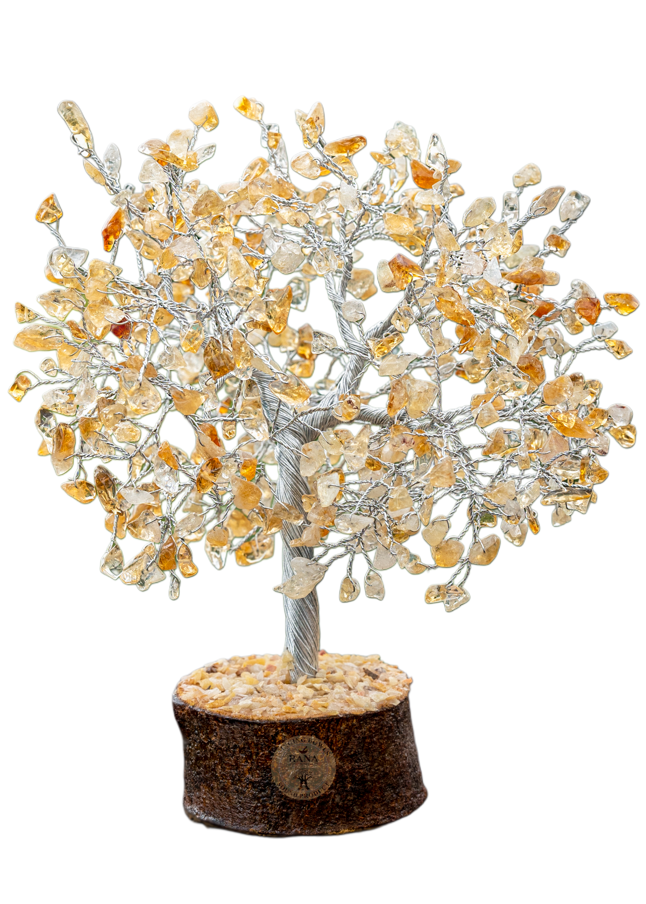 Citrine Gemstone Tree with Silver Wire on Wooden-Style Base