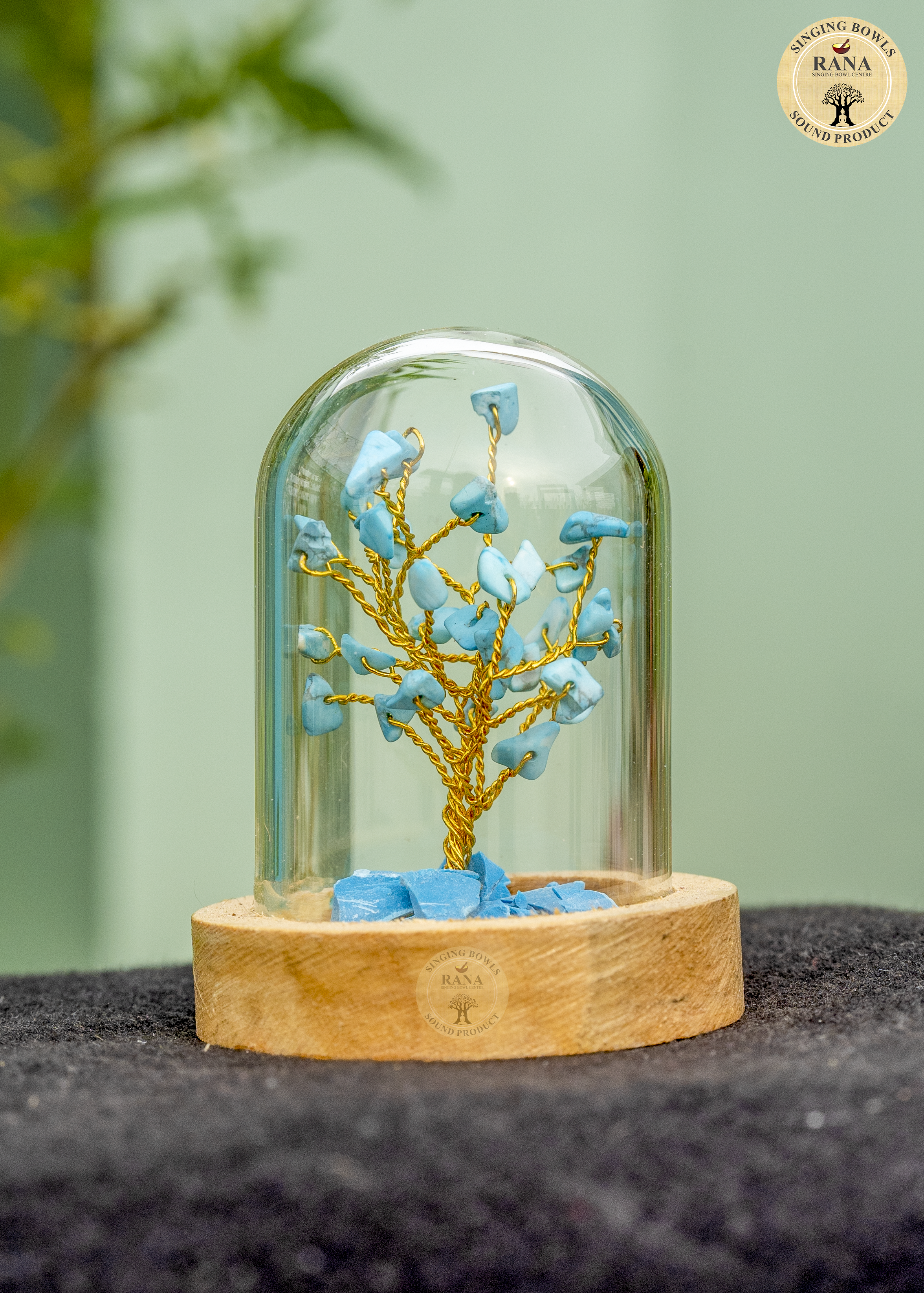 Mini Turquoise Gemstone Tree Under Glass Dome with Wooden Base