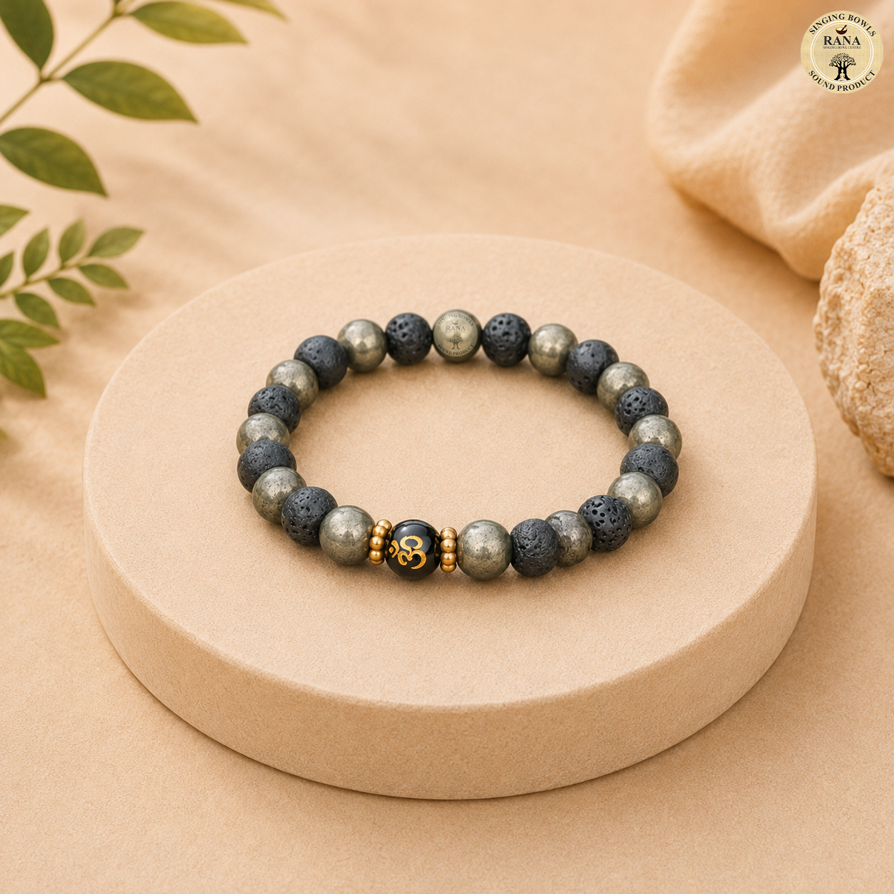 Lava Stone & Pyrite Om Energy Bracelet